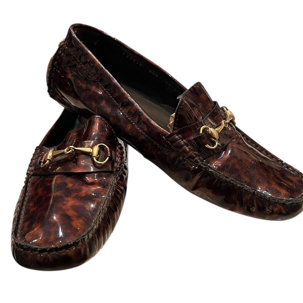 Cole Haan Tortoiseshell Patent Leather Driving Loafers with Horse Bit Hardware - Picture 5 of 14